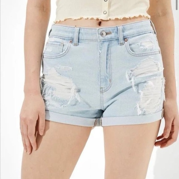 American Eagle Mom Short Distressed Destroyed Stretch High Rise Light Blue 8 - Picture 1 of 10